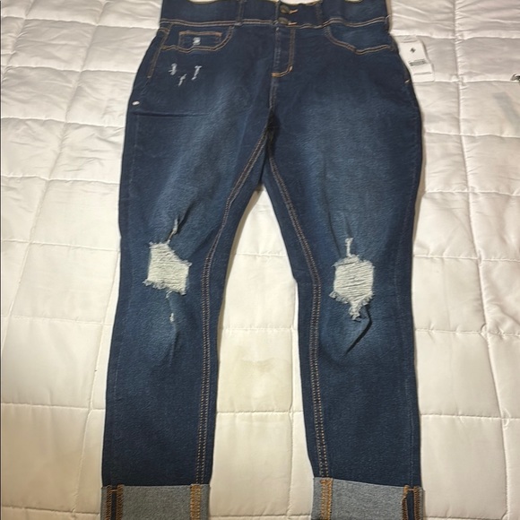 Dark Wash Distressed Hi Waist Pull-on Cuffed Stretch Jeans - Picture 1 of 12